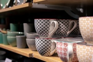 Crockery on the showcase of a store of things for the home.