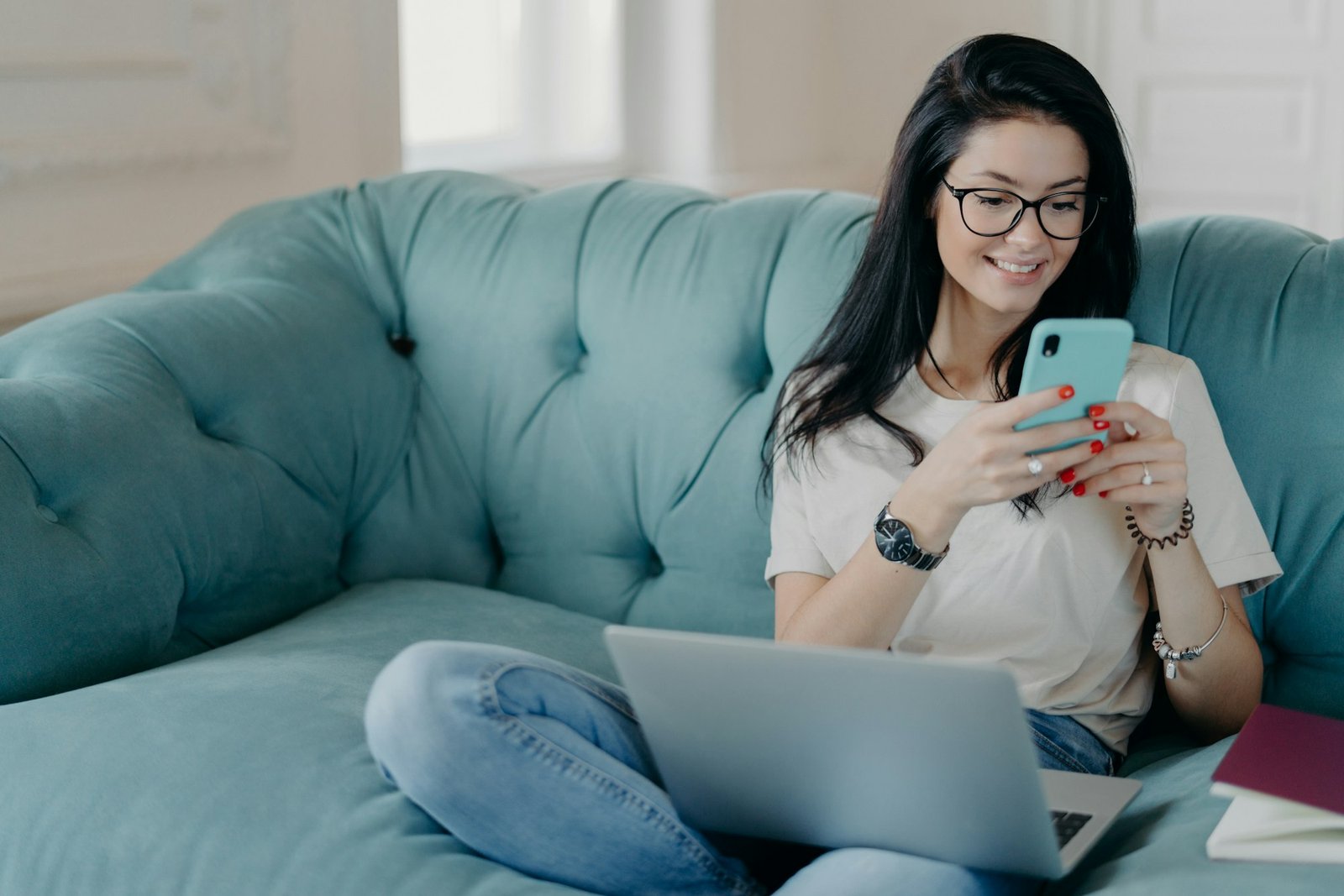 Female freelancer does remote job, searches information for presentation, uses modern technologies