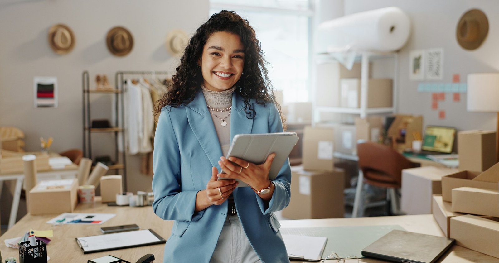 Portrait, boxes and woman with a tablet, ecommerce and smile with connection, internet and delivery